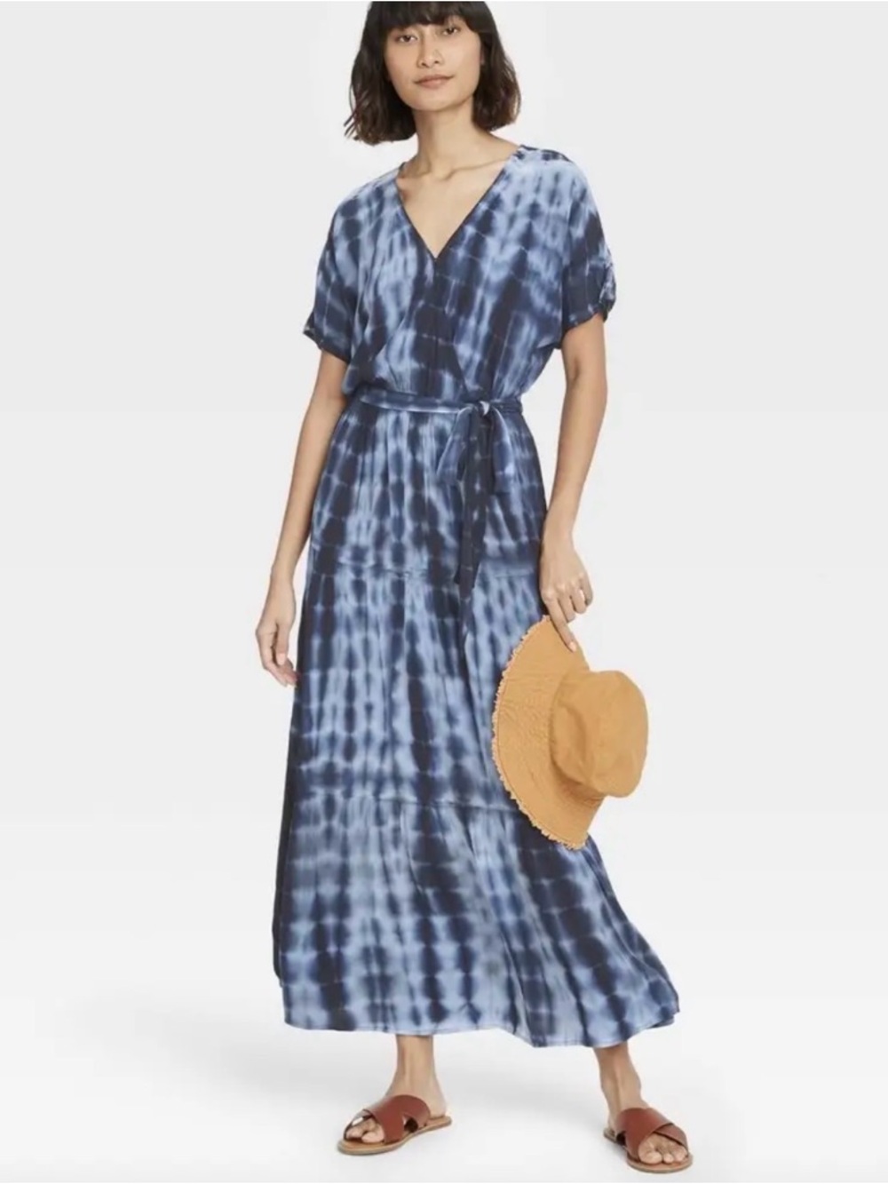 Knox Rose Blue Tie-Dye V-Neck Maxi Wrap Dress Tiered Boho Coastal